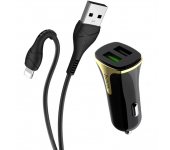 Автомобильное зарядное устройство Hoco Z31 Universe 2 USB порта и кабель Lightning (Черный)