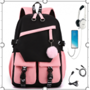 Городской школьный рюкзак KOREA LOOK с помпоном ДВА КАРМАНА для учащихся (Розово-Черный)