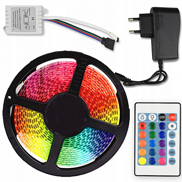 Лента светодиодная LED SMD 3528 5m с пультом блоком питания контроллером 16 цветов разные цвета влагостойкая для дома и дачи RGB IP65 12V (Цветная)