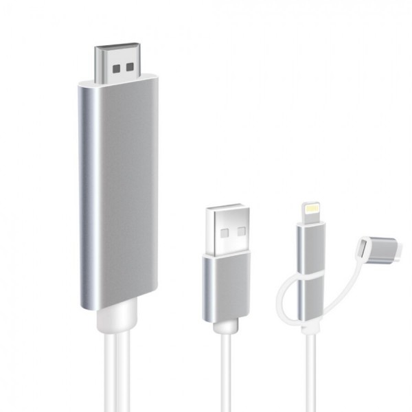Кабель-адаптер HDTV 3in1 Lightning / Micro-USB / Type-C на HDMI (Белый)