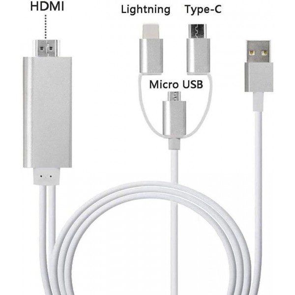 Кабель-адаптер HDTV 3in1 Lightning / Micro-USB / Type-C на HDMI (Белый)