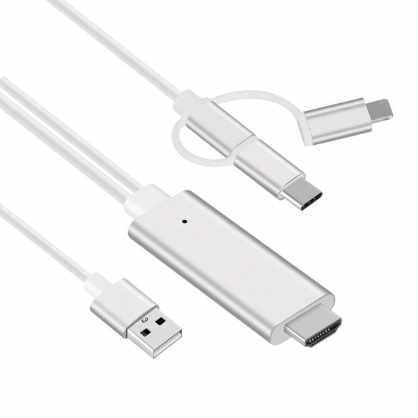 Кабель-адаптер HDTV 3in1 Lightning / Micro-USB / Type-C на HDMI (Белый)