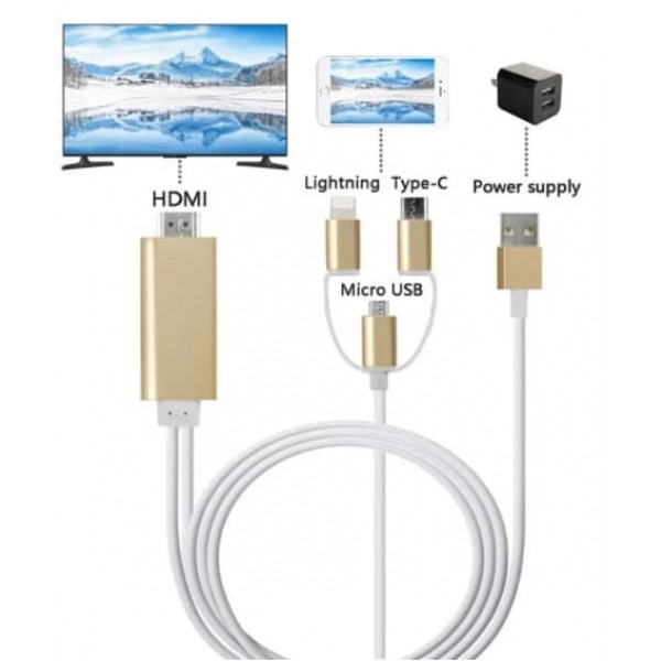 Кабель-адаптер HDTV 3in1 Lightning / Micro-USB / Type-C на HDMI (Белый)