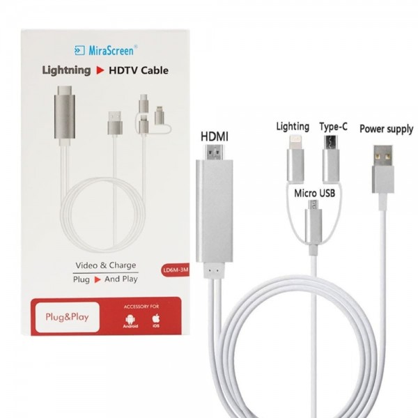 Кабель-адаптер HDTV 3in1 Lightning / Micro-USB / Type-C на HDMI (Белый)