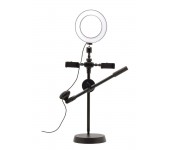 Светодиодная кольцевая лампа для селфи на штативе с держателями для двух телефонов и микрофона Mobile Phone Stand 20см (Черный)