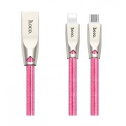 Кабель Hoco U9 One pull two Zinc alloy jelly knitted charging cable lightning USB для iPhone, 1,2m (Розовый)