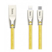 Кабель Hoco U9 One pull two Zinc alloy jelly knitted charging cable lightning USB для iPhone, 1,2m (Золотой)