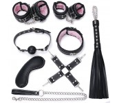 Пикантный черно-розовый набор БДСМ: маска, ошейник, кляп, фиксатор, наручники, оковы, плеть, черный с розовым