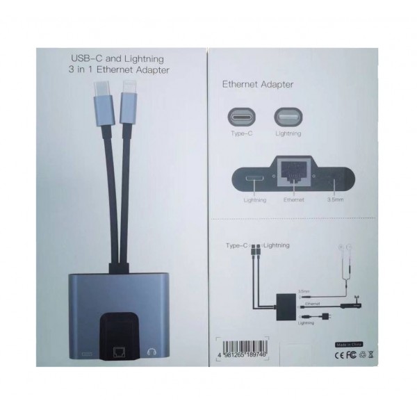 Адаптер для зарядки телефона и планшета Type-C and Lightning 3 in 1 Ethernet Adapter