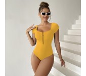 Женский слитный купальник с на молнии закрытый спортивный эластичный купальный костюм для бассейна (Желтый) размер M
