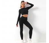 Женский спортивный костюм в рубчик для фитнеса лосины и топ с длинным рукавом и молнией для йоги и бега (Черный) размер S