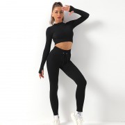 Женский спортивный костюм в рубчик для фитнеса лосины и топ с длинным рукавом и молнией для йоги и бега (Черный) размер S
