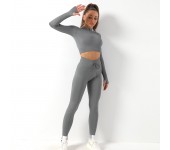 Женский спортивный костюм в рубчик для фитнеса лосины и топ с длинным рукавом и молнией для йоги и бега (Серый) размер M