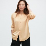Женская атласная рубашка Uniqlo с длинными рукавами (Бежевый) размер L