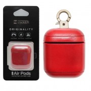 Чехол для Airpods натуральная кожа с карабином красный