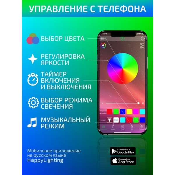 Светодиодная Bluetooth лента цветная (RGB) Led smd 5050 5m 12B с блоком питания, Bluetooth, управление через приложение со смартфона (Микс)