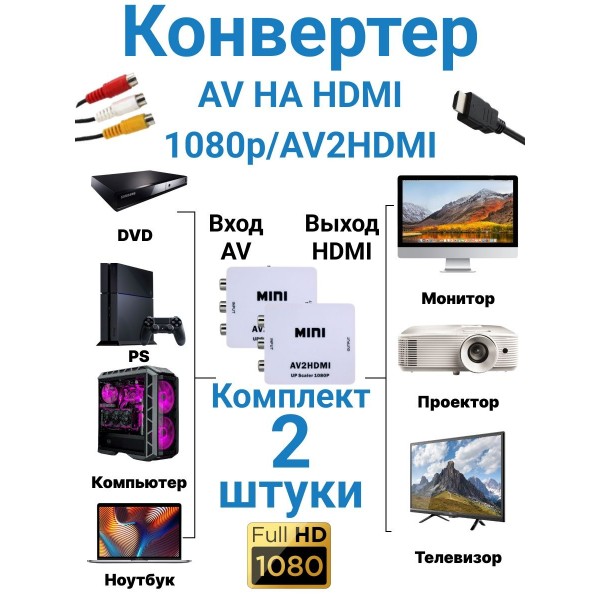 Конвертер AV на HDMI и аудио, AV 2 HDMI для монитора, CVBS, PAL NTSC 2 шт