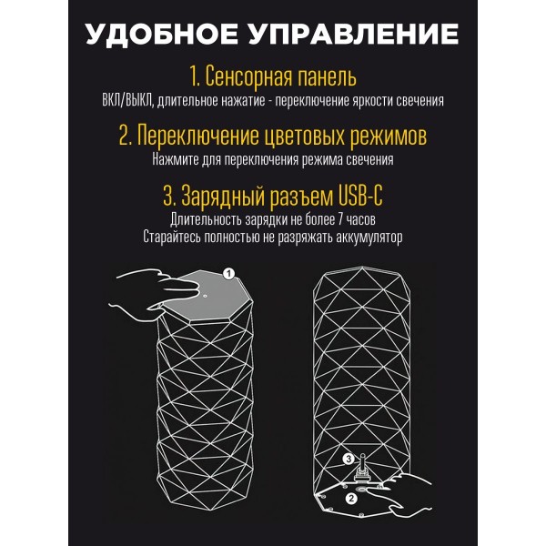 Кристальная настольная светодиодная сенсорная лампа Хрустальный замок Софт-тач 3 режима свечения холодный, теплый, нейтральный со встроенным аккумулятором 40 Ватт