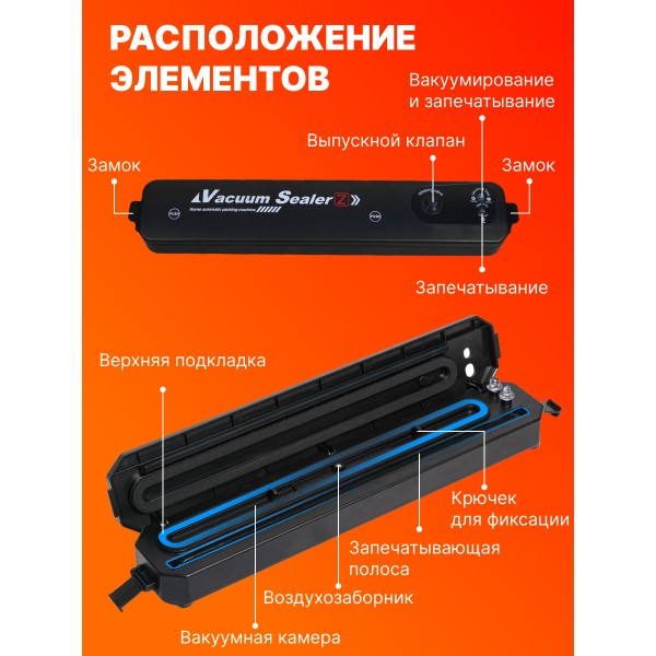 Вакуумный упаковщик продуктов для дома Vacuum Sealer 10 пакетов подарок улучшенная модель (Черный)
